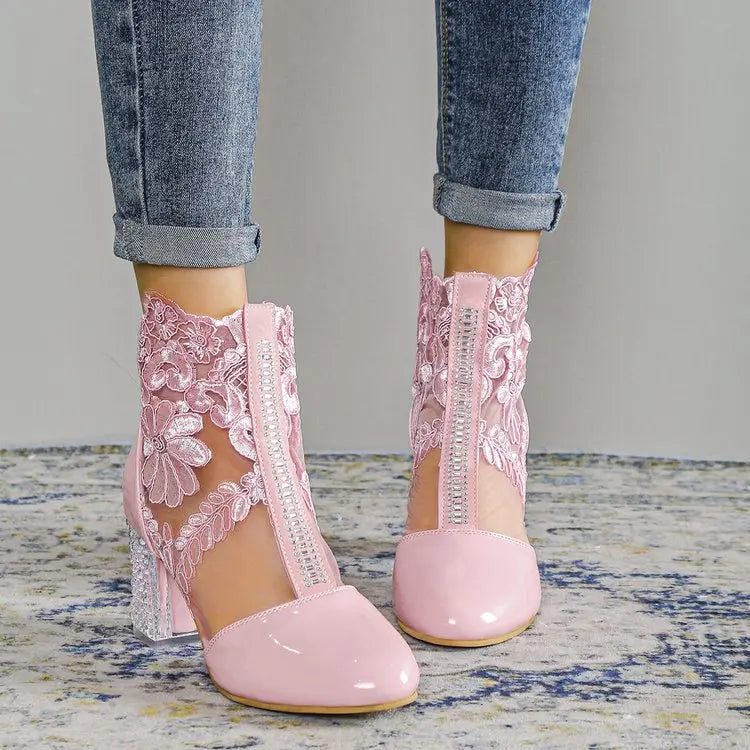 NEW Ethnic Style Women Retro Lace Embroider High Heels Ankle Boots Spring Autumn Round Toe Platform Cool Boot Thick Heeled Pumps