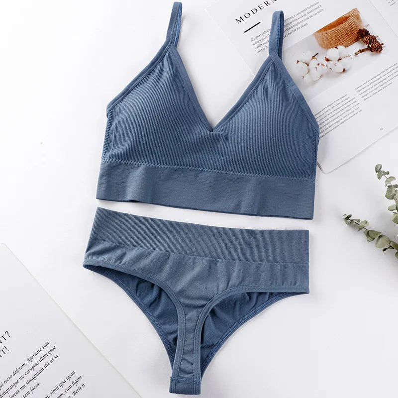Women’s Ribbed V Neck Bra and Panty Set Seamless Comfortable 2 Piece 2026
