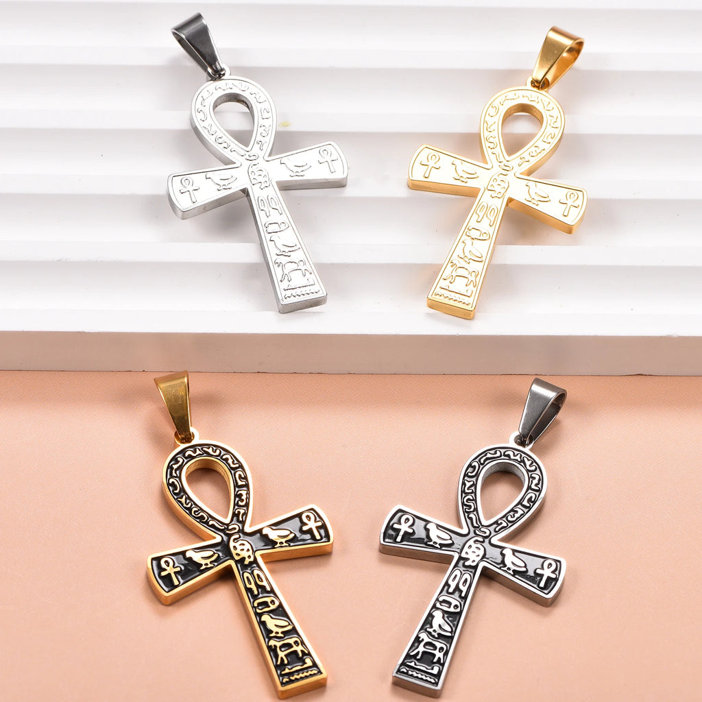 Stainless Steel Ancient Egyptian Ankh Cross Pendant Necklace Silver/Gold Color Painted Bird Animal Totem Jewelry Gift