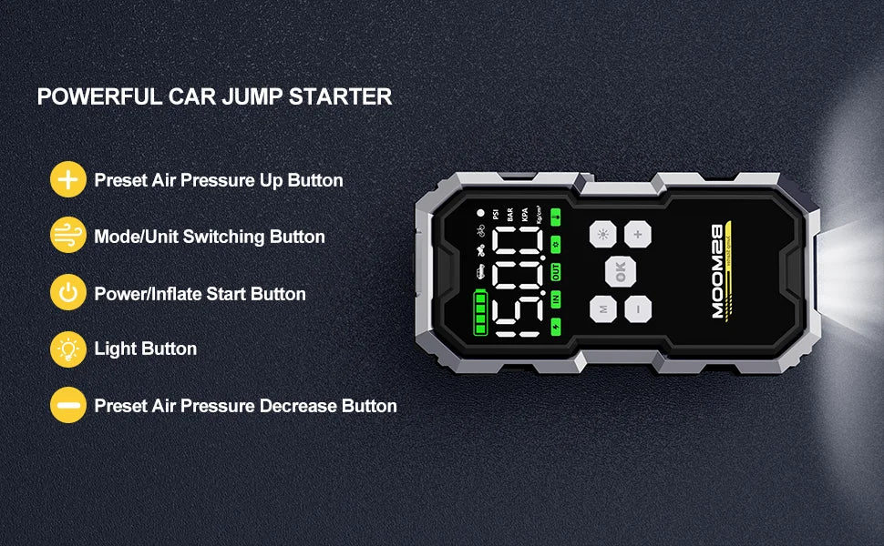 150PSI Air Pump Car Battery Emergency Boosters ,7000A/1500A PEAK Car Jump Starter Power Bank ,Portable Starting Device Car Starter New,Cars with USB Ports And LED Flashlight, 26800mAh/21800mAh Portable Car Jump Starter, Batte