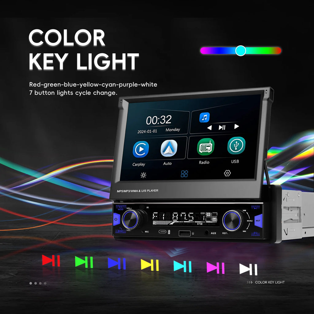 Podofo 7'' 1Din Retractable Screen EQ Sound FM/AM/RDS Multimedia Player Carplay Android Auto Bluetooth Type-C USB SWC Car Audio