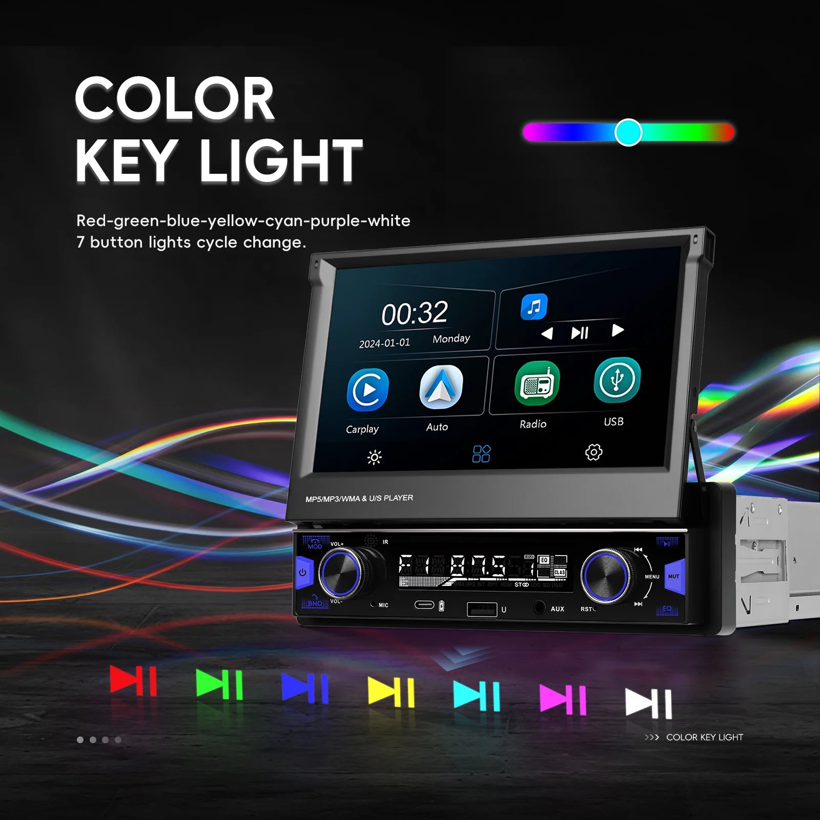 Podofo 7'' 1Din Retractable Screen EQ Sound FM/AM/RDS Multimedia Player Carplay Android Auto Bluetooth Type-C USB SWC Car Audio