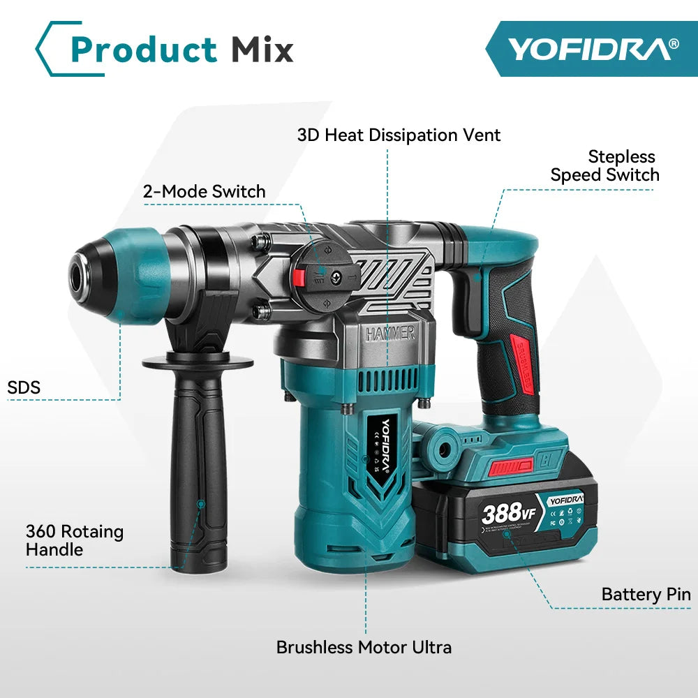 Perceuse à percussion sans fil multifonctionnelle sans balais 26 MM, outil de perçage rotatif pour batterie Makita 21 V.
