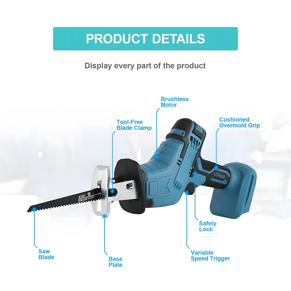 Podofo Electric Reciprocating Saw 21V Cordless Horse Knife Wood Metal Cutting Saw Portable Handheld Saw Power Tool add 2 Battery