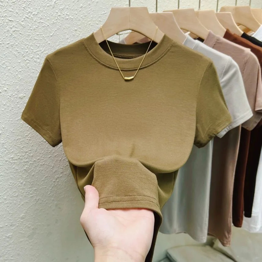 T-Shirt Femme Col Rond Chic Décontracté Urbain Grande Taille Haut Uni Sexy Slim Été Manches Courtes Vêtements Femme