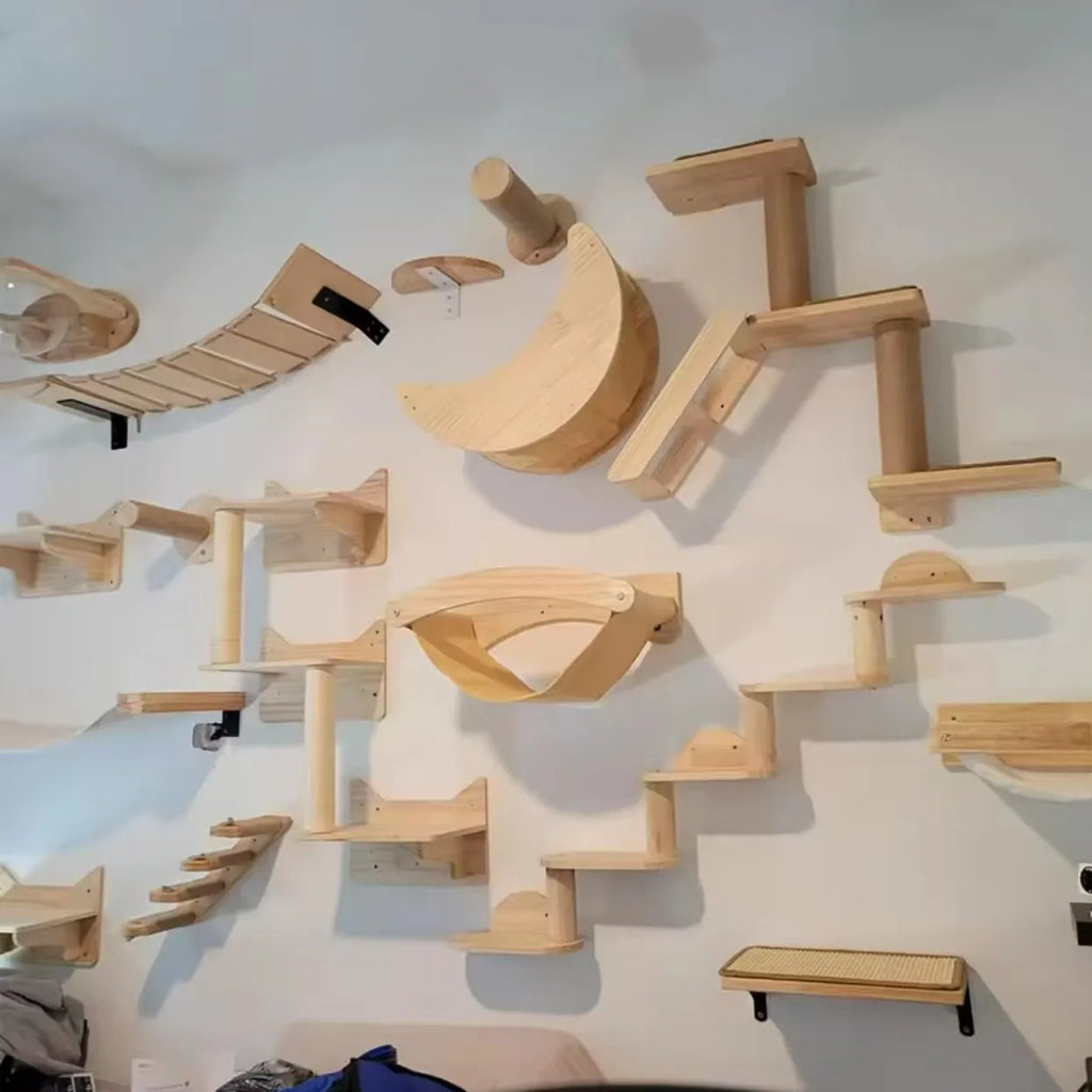 Wall Mounted Cat Climbing Shelves Cat House Cat Bridge Cat Hammock with Scratching Post and Pedals or Stairway for Kittens