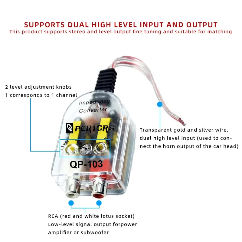 Car Subwoofer Impedance Converter, High to Low Level Audio Output RCA Adapter, Uncharged Power Mode, Universal Fit Car Audio Acc