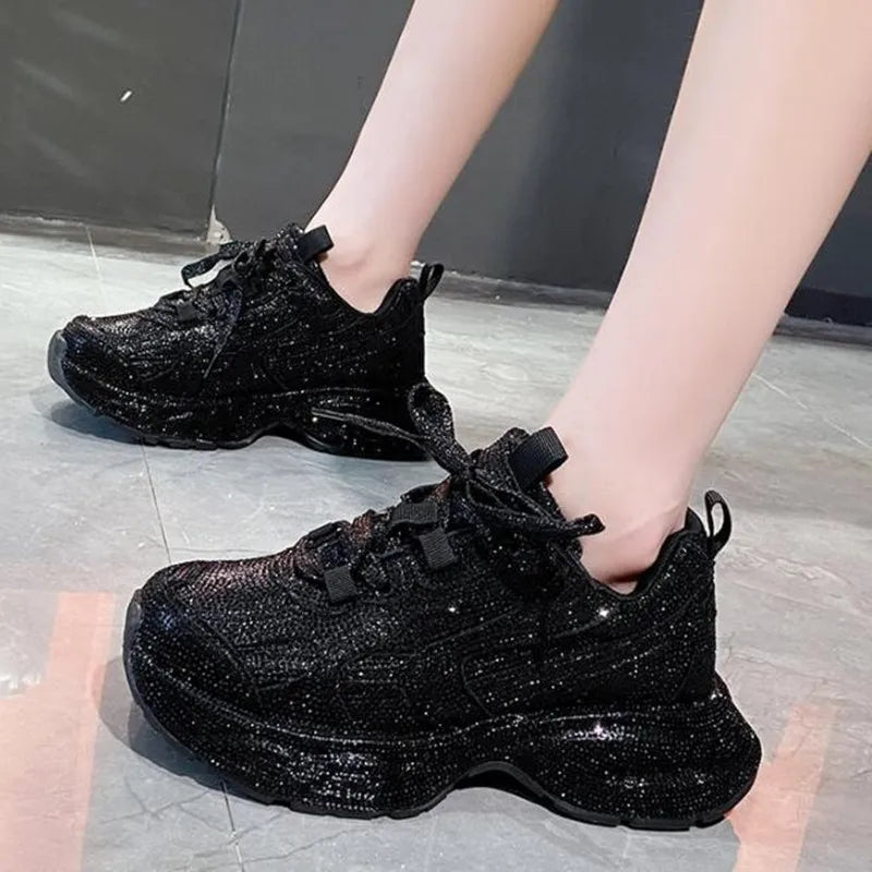 Luxury Women Bling Running Shoes Chunky Sneakers Fashion Casual Genuine Leather Breathable Height Increased Flat Platform Shoe