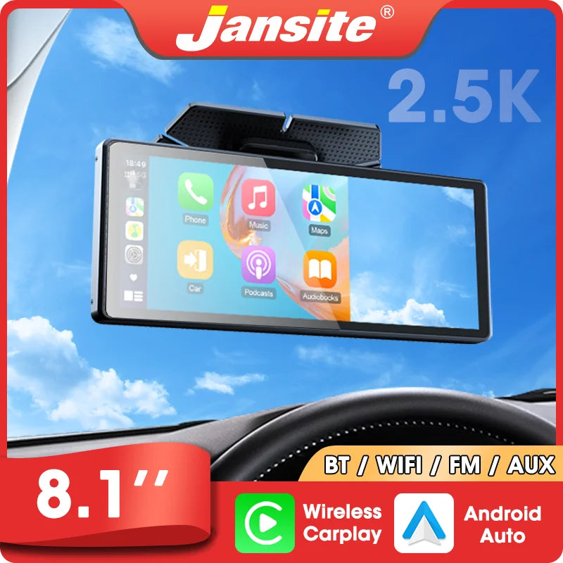 Janstie Dash Cam 4K+1080P Carplay Android Auto Navigation GPS Écran IPS 7/8,1 pouces DVR de voiture Vision nocturne IR Moniteur de stationnement 24H