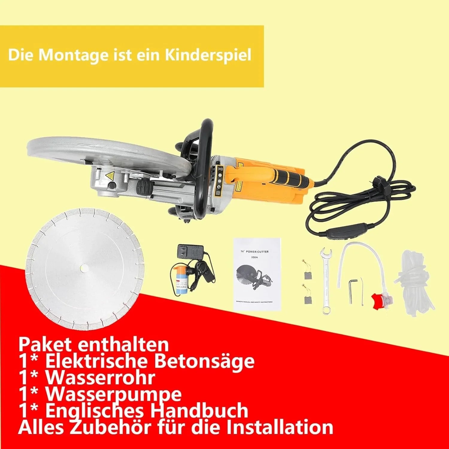 Electric Stone Saw, Concrete Cutting Cutter with 350 mm Saw Blade, 3000 W, Stone Cutter,Dust-free Cutting Separator w/Water Pump