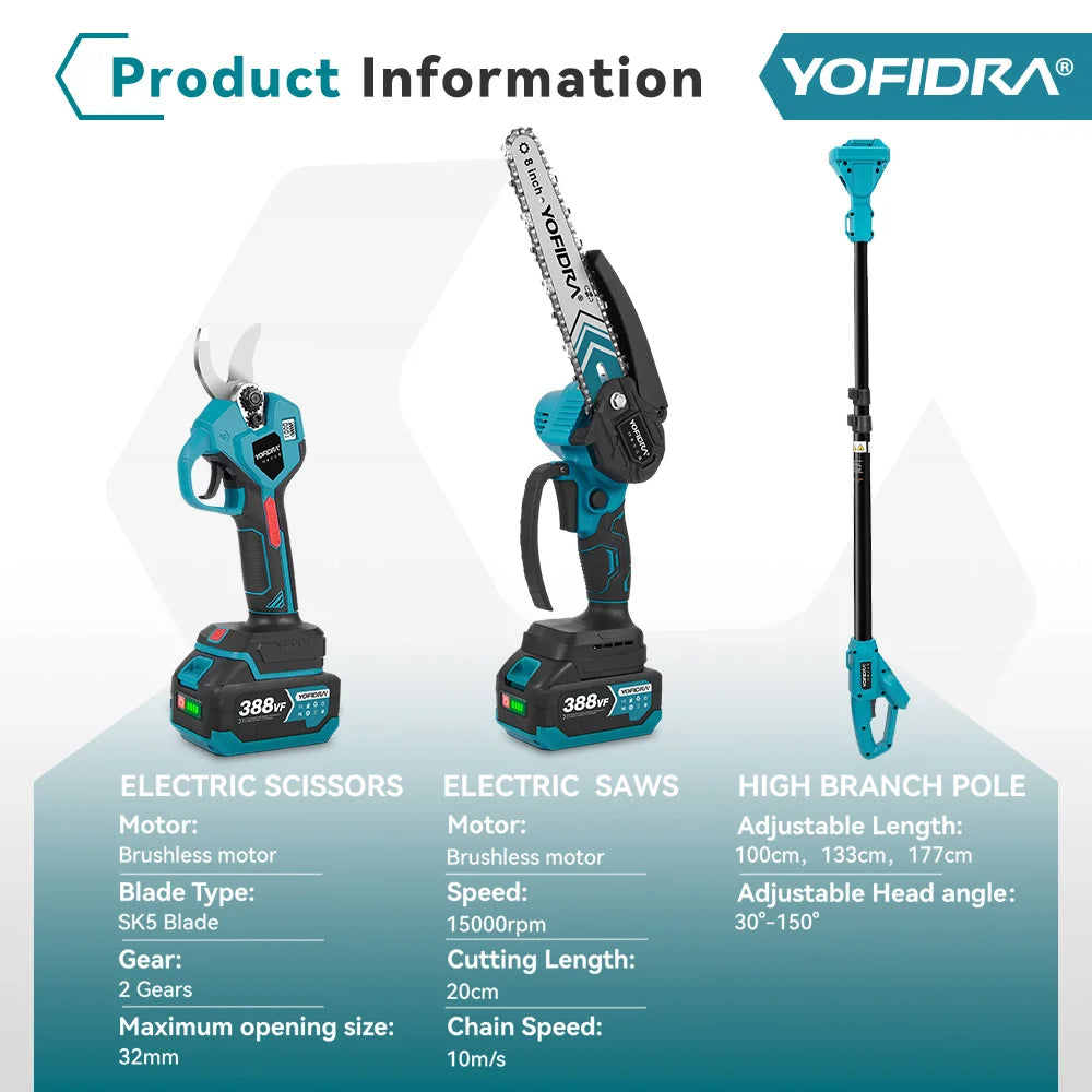 YOFIDRA Brushless Electric Chainsaw Telescoping Pole 3IN1 High Branch Saw Woodworking Pruning Power Tool For Makita Battery Pin
