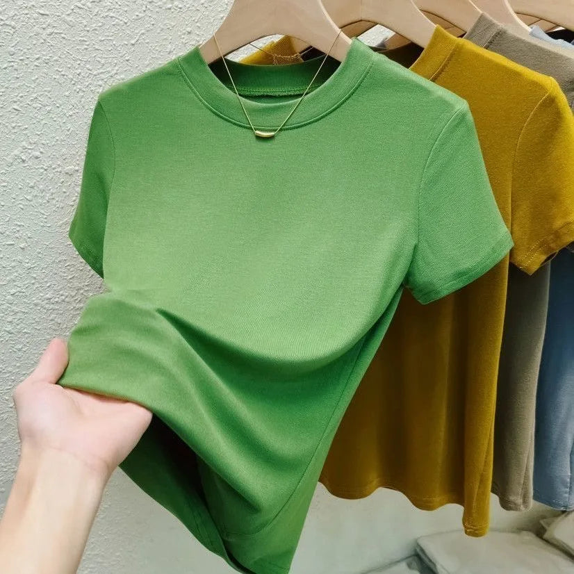 T-Shirt Femme Col Rond Chic Décontracté Urbain Grande Taille Haut Uni Sexy Slim Été Manches Courtes Vêtements Femme