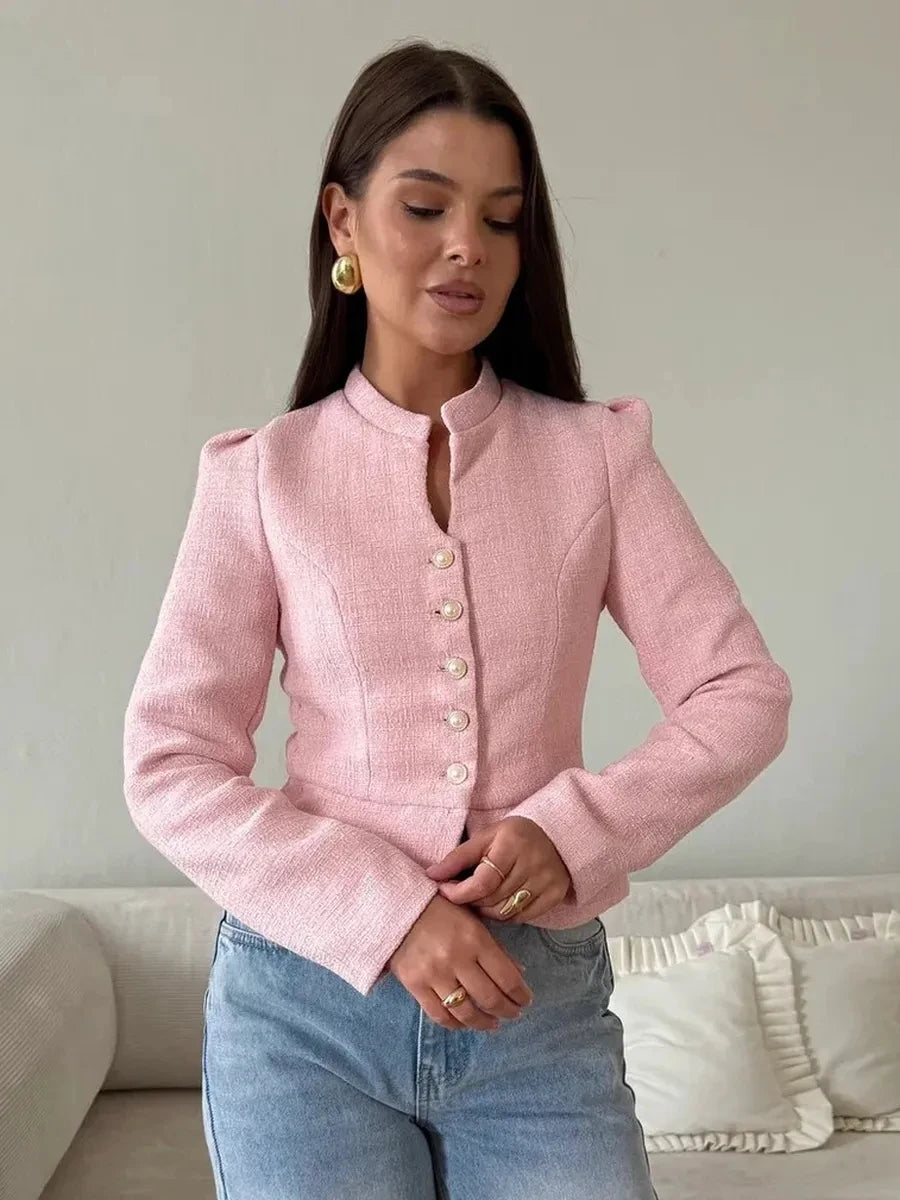 2026 Autumn Women Tweed Jacket Elegant Stand Collar Pearl Button Short Coat Puff Sleeve French Style Outerwear