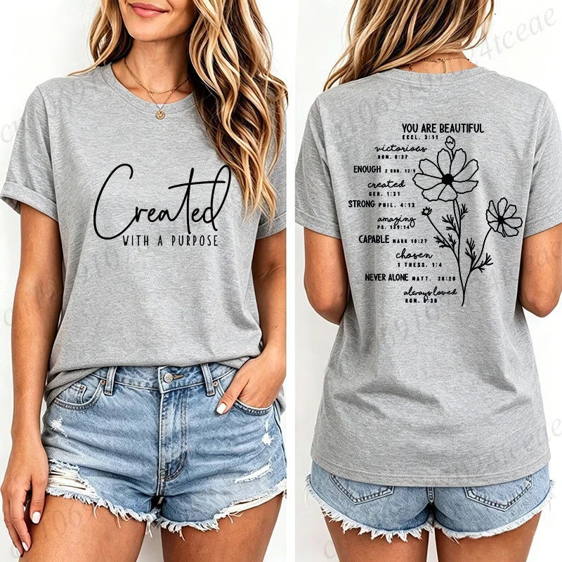 Fashion Women T Shirts Created with A Purpose Print Short Sleeve T-Shirt Faith Aesthetic Tee T-Shirts Inspirational Shirts Tops