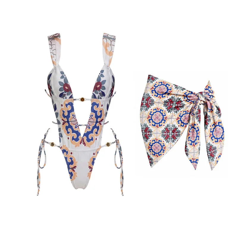 Maillot de bain 3 pièces push-up 2026 à imprimés rétro avec pantalon en maille, maillot de bain sexy pour femme, paréo de plage à bretelles
