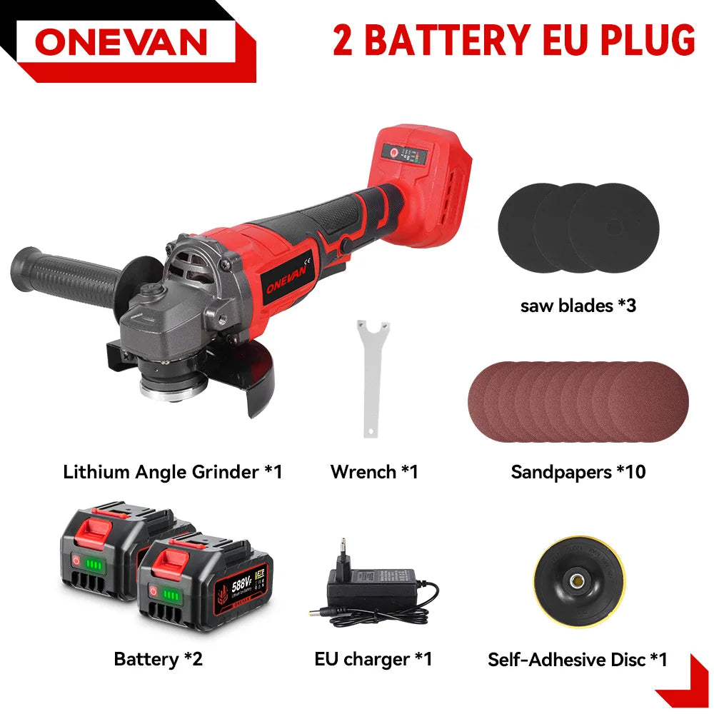ONEVAN 3000W Brushless Electric Angle Grinder 3 Gear Cordless Cutting Metal Pipe Power Polish Tools For Makita 18V Battery Pin