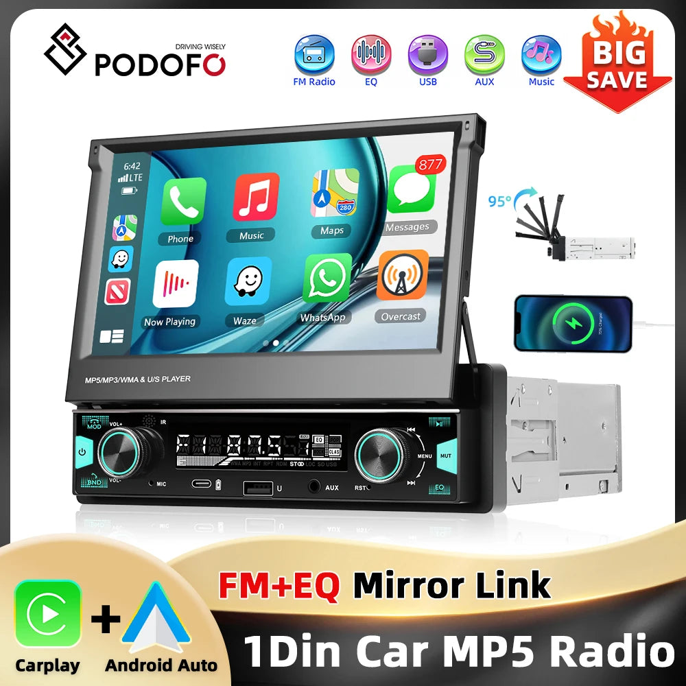 Podofo 7'' 1Din Retractable Screen EQ Sound FM/AM/RDS Multimedia Player Carplay Android Auto Bluetooth Type-C USB SWC Car Audio
