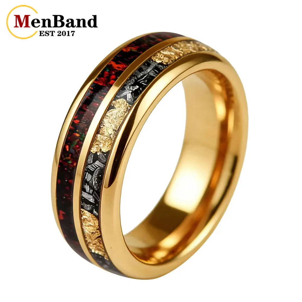 MenBand 6MM 8MM Men and Women Marriage Tungsten Ring Inlaid Red Opal and Meteorite Gold Foil，Couple's Ring, Promise Ring