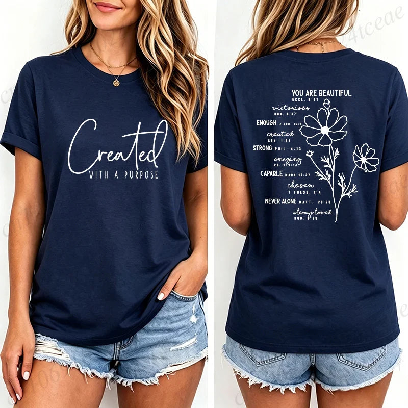 Fashion Women T Shirts Created with A Purpose Print Short Sleeve T-Shirt Faith Aesthetic Tee T-Shirts Inspirational Shirts Tops