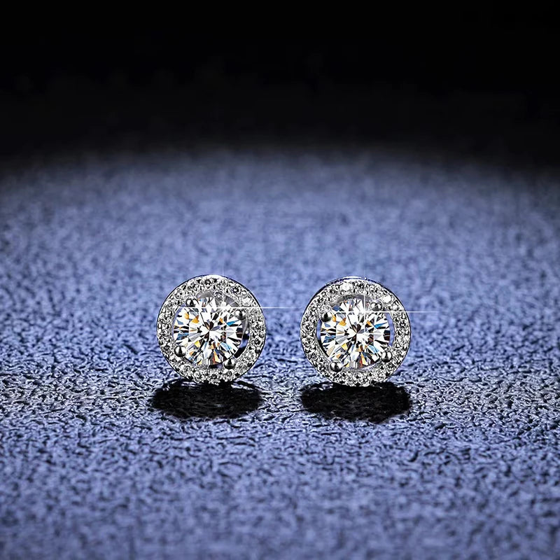 Real Moissanite Round Stud Earrings 1ct D Color VVS1 Shiny Diamond Pure 925 Sterling Silver for Women Wedding Fine Jewelry