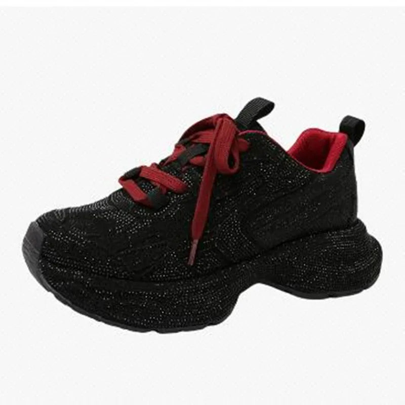 Luxury Women Bling Running Shoes Chunky Sneakers Fashion Casual Genuine Leather Breathable Height Increased Flat Platform Shoe
