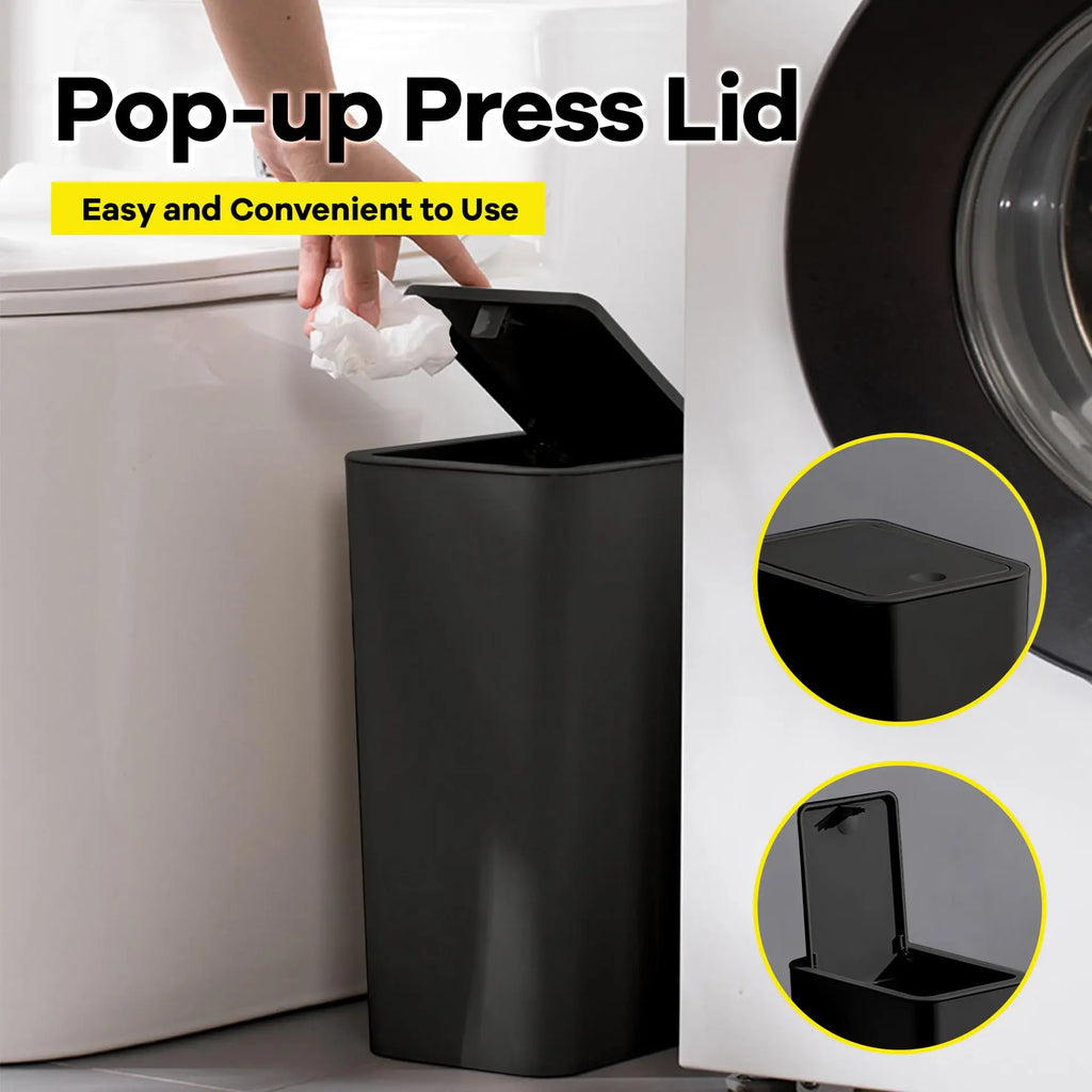 Poubelle de Salle de Bain - Petite Poubelle de 10L avec Couvercle à Pression pour Toilettes, Chambre, Salon – Corbeille en Plastique avec Couvercle Pop-up