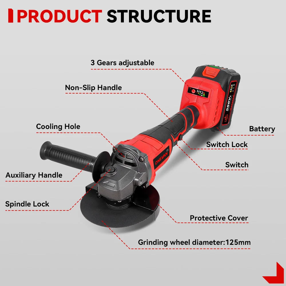 ONEVAN 3000W Brushless Electric Angle Grinder 3 Gear Cordless Cutting Metal Pipe Power Polish Tools For Makita 18V Battery Pin