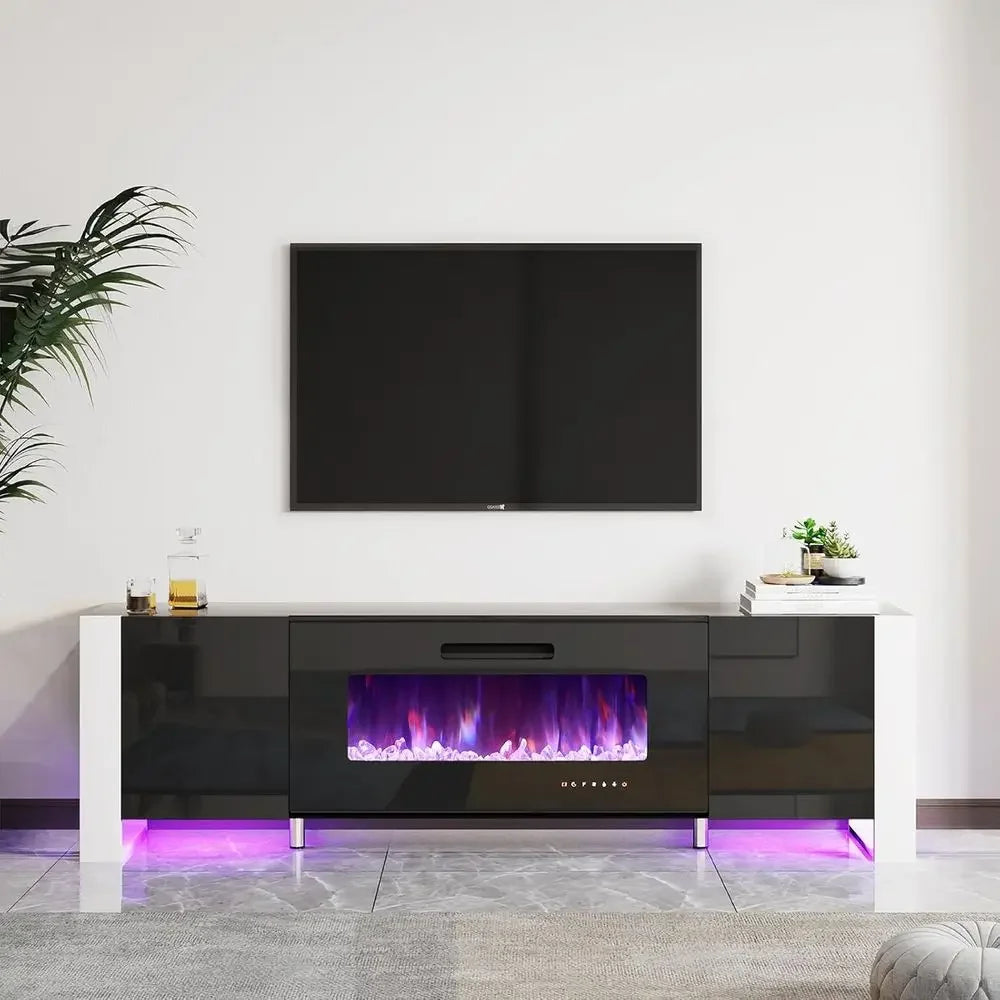 Fireplace TV Stand with 36" Fireplace, 70" Modern Entertainment Center with High Gloss Doors & LED Lights, U-Shaped Legs TV Cons