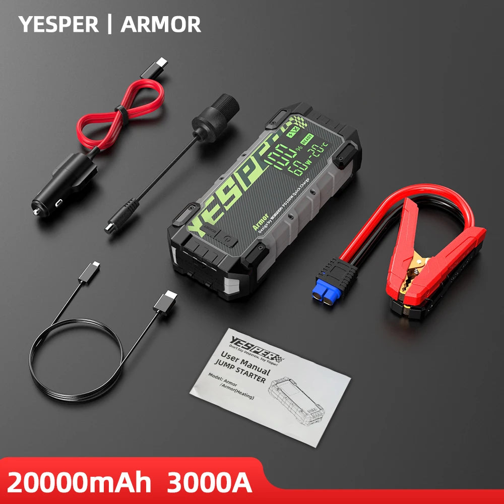 Démarreur de batterie de voiture YESPER 4000A – Démarreur 12V 24000mAh, batterie externe portable pour moteurs essence et diesel 10L, démarrage d'urgence automatique
