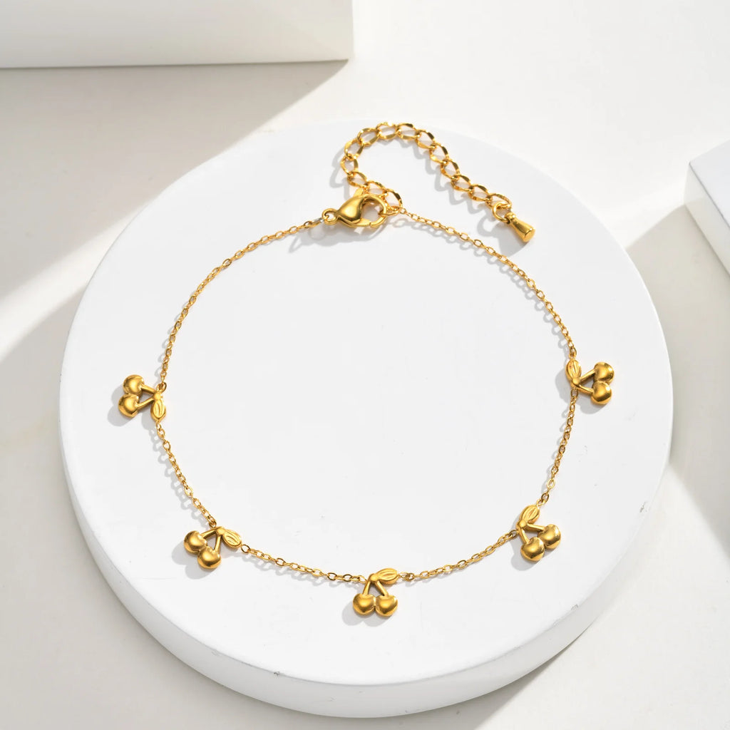 Cherry Charm Anklet for Women, Stainless Steel Cute Fruit Foot Chain, Summer Waterproof Jewelry Gift