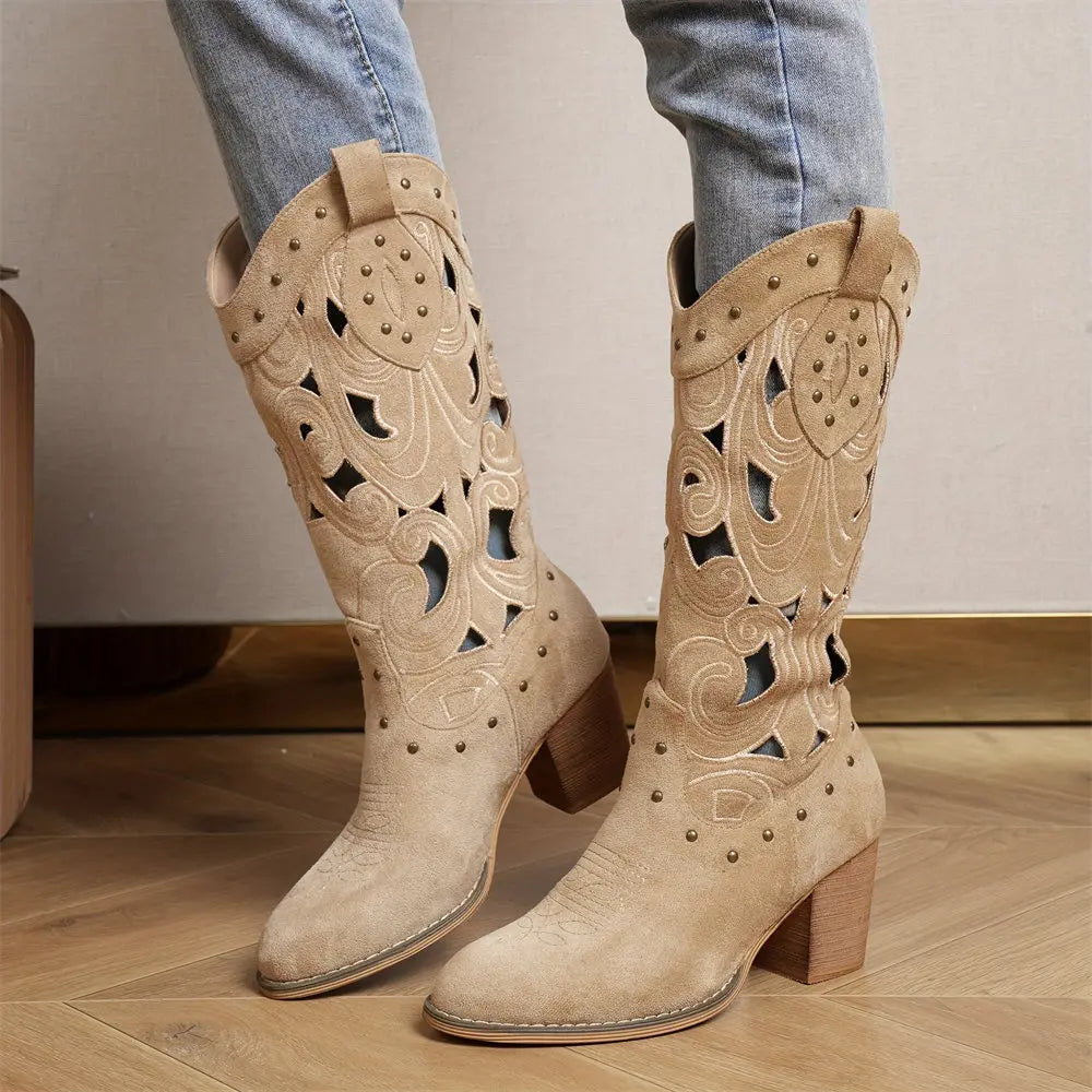 2026 Women's Summer Retro Round Toe Chunky Heels Vegan Suede Western Boots with Hollow Design and Rivets Cowboy Boots Shoes