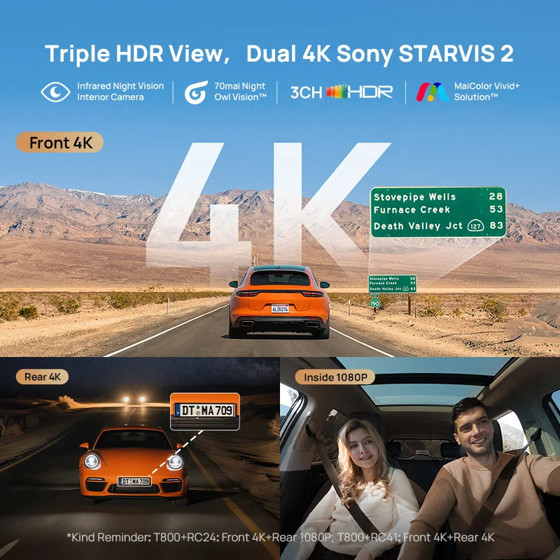 70mai T800 3-Channel HDR Car DVR Front 4K+Rear 4K/1080P+Interior 1080P Voice Control Super Capacitor GPS ADAS Support 4G Wifi 6