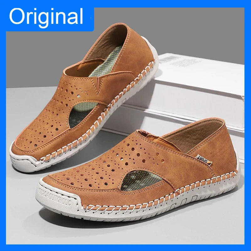 Unisex Sandals Hand Sewn Leather Hollow Out Outdoor Casual Shoes Comfortable Soft Summer Fashion Street Walking Shoes Women