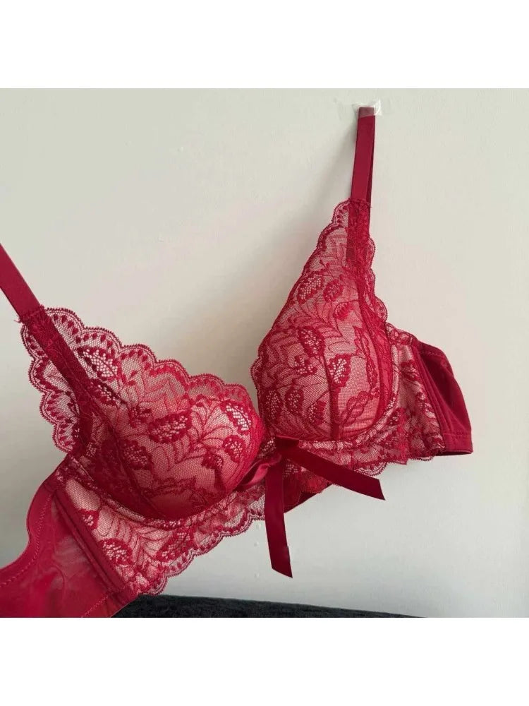 Trendy French Style Lace Bowknot Contrast Color Bra Set Wireless Push Up Thick Padded No Gap Sexy Women's Lingerie Set Hot Sale