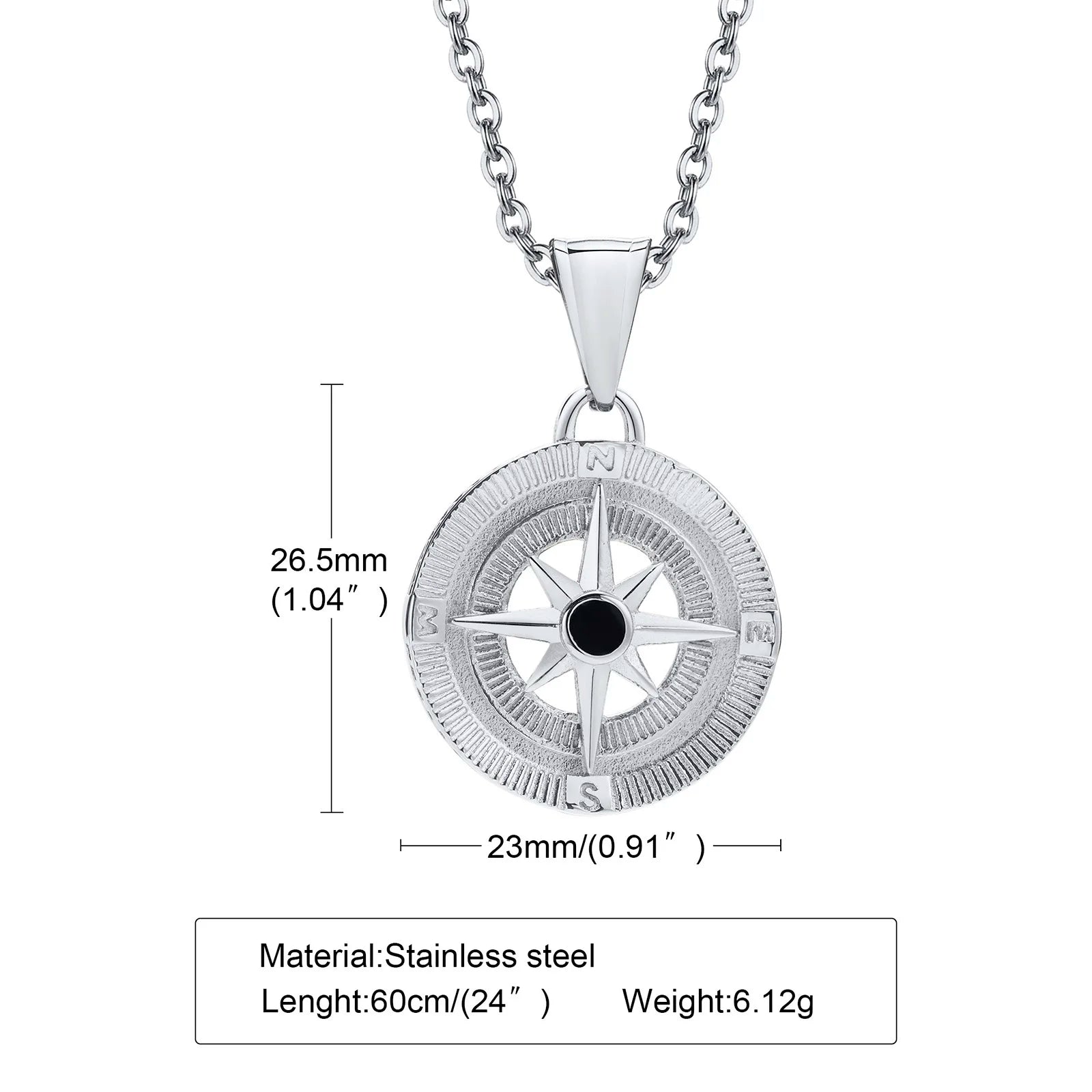Vintage Compass Pendant Necklaces for Men Boys, Stainless Steel Coin Necklace, Rock Hiphop Collar Graduation Guide Gift