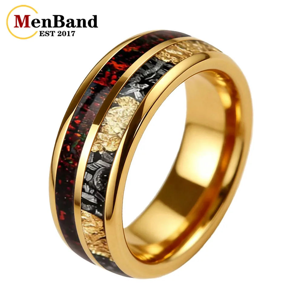 MenBand 6MM 8MM Men and Women Marriage Tungsten Ring Inlaid Red Opal and Meteorite Gold Foil，Couple's Ring, Promise Ring