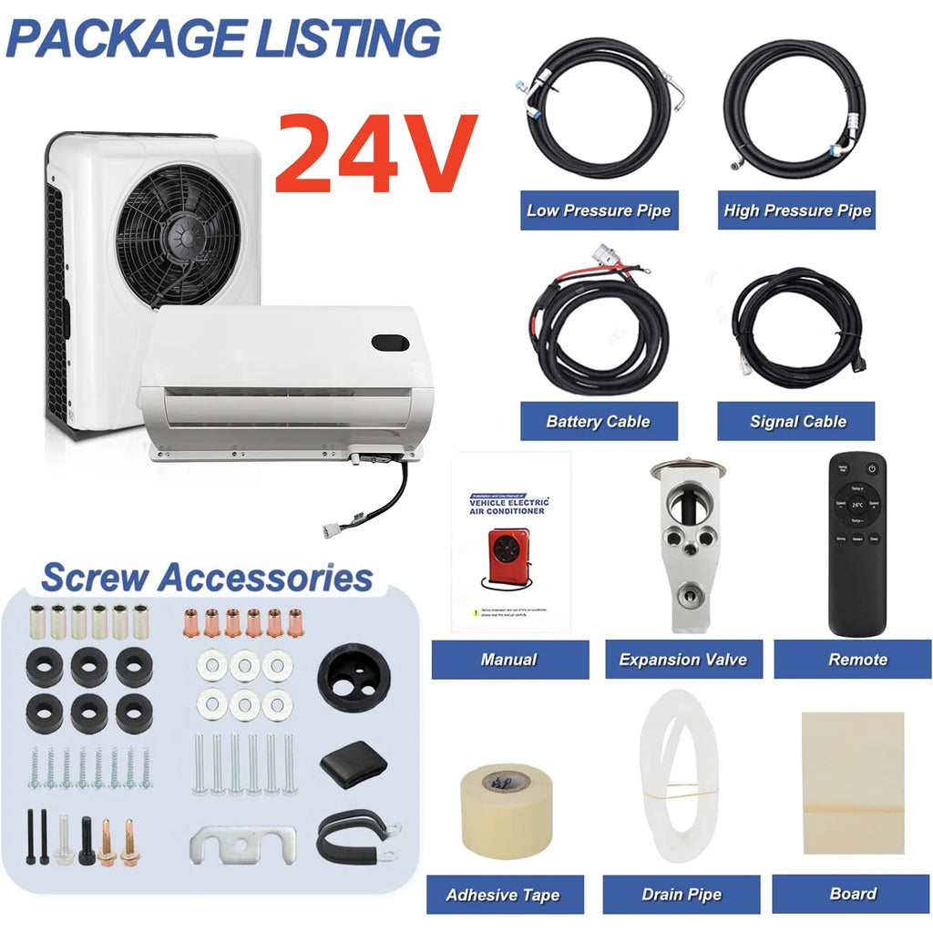 12V/24V Split Air Conditioner for Truck Van RV Camper Low Noise Fast Cooling Electric Parking Air Conditioning System 10500BTU