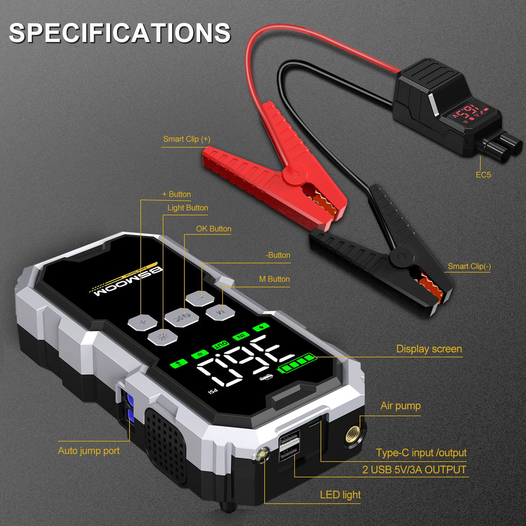150PSI Air Pump Car Battery Emergency Boosters ,7000A/1500A PEAK Car Jump Starter Power Bank ,Portable Starting Device Car Starter New,Cars with USB Ports And LED Flashlight, 26800mAh/21800mAh Portable Car Jump Starter, Batte