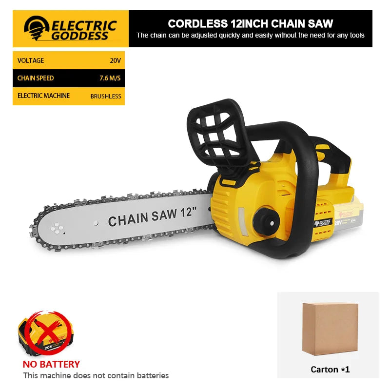 1200W 12 Inch Brushless Electric ChainSaw Cordless Battery Saw Portable Garden Woodworking Power Tool For Dewalt 20V Battery Pin
