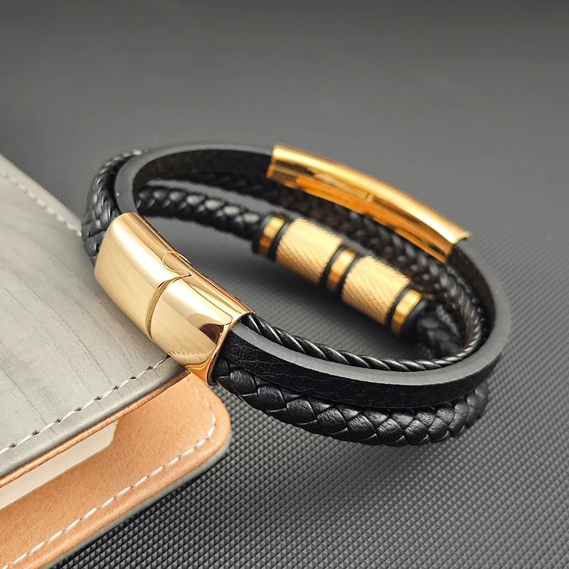 New Gold Beads Charm Men Bracelet Stainless Steel Magnetic Buckle Braided Mutilayer Leather Wrapped Bangles Women Jewelry Gift