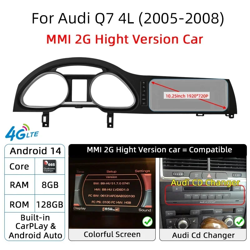 Android 14 Autoradio CarPlay pour Audi A6 C6 4f pour Audi Q7 4L 2005-2015 MMI 2G 3G GPS Lecteur Multimédia Voiture Stéréo Navi DSP