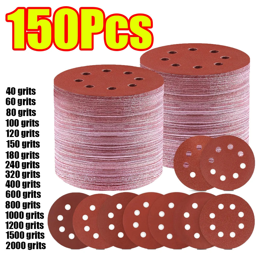 1-150Pcs 5 Inch 8Holes Sandpaper 125mm Round Hole Hook Loop Sanding Discs 40-2000 Grit for Random Orbital Sander Polishing Tool
