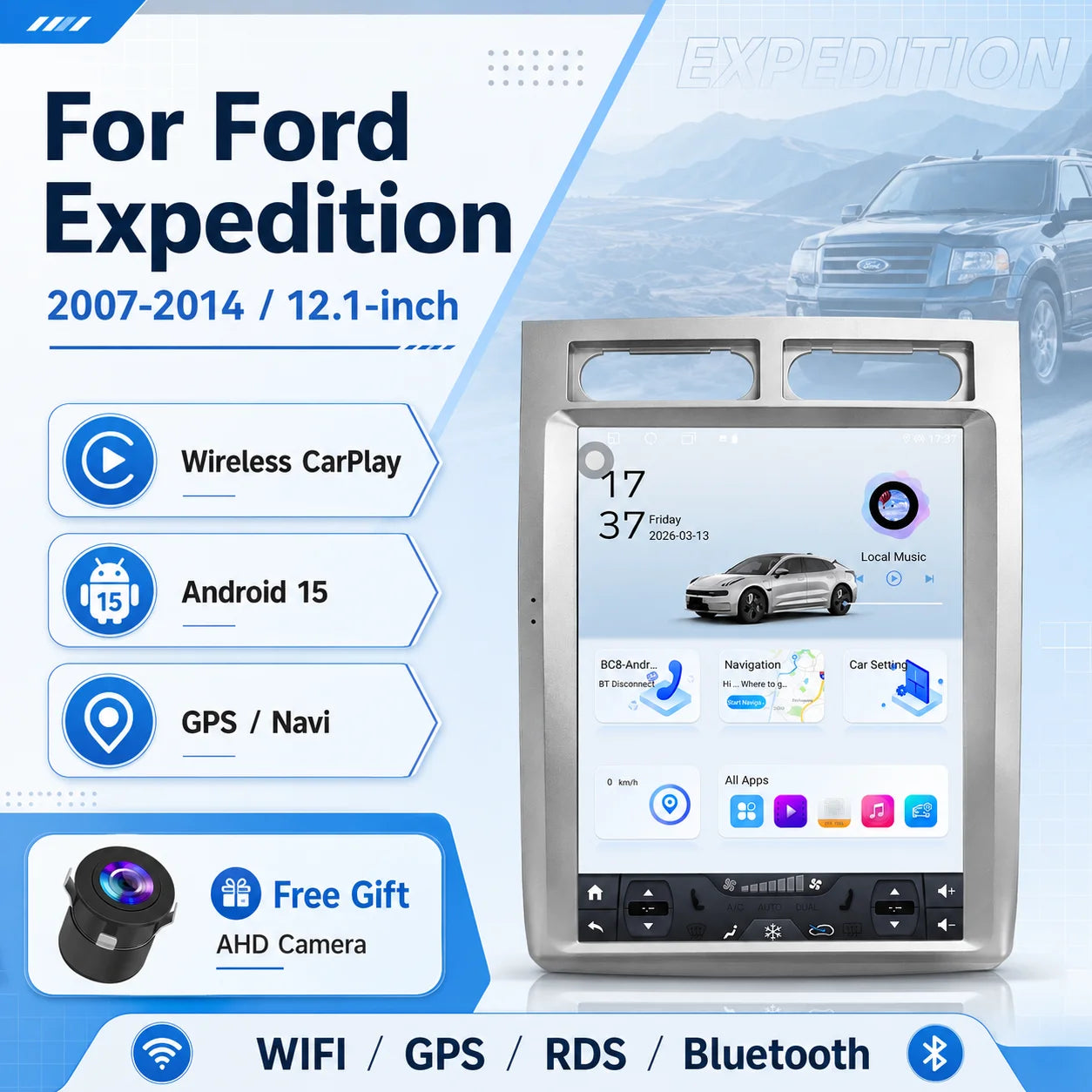 For Ford Expedition 2007-2013 12.1Inch Car Stereo Wireless CarPlay Android Auto Built In GPS Navigation Bluetooth 4G WiFi Mirror