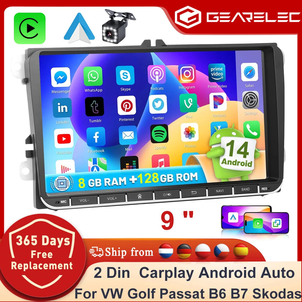 GEARELEC 9 "Car Radio For VW Golf Passat B6 B7 Skodas sat Octavia Polo Tiguan 2 Din wireless Android 13 CarPlay Android RDS Auto DSP BT 4G GPS Car Multimedia Player For Volkswagen