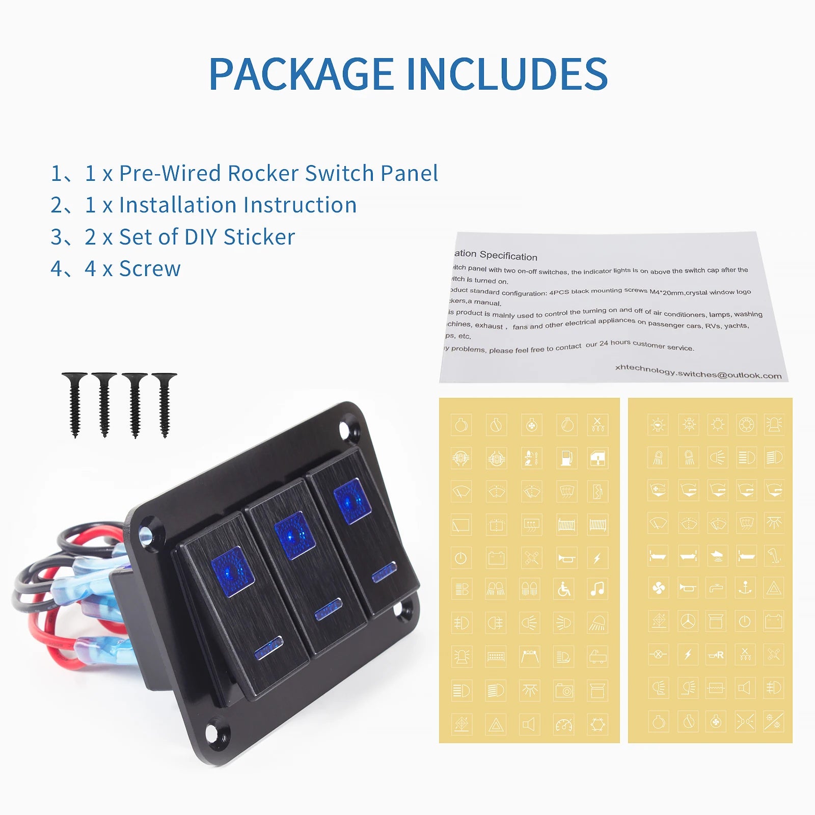 Durable metal 2-8Gang rocker switch panel with LED light, waterproof and overload protection for car card, vehicle and vessel