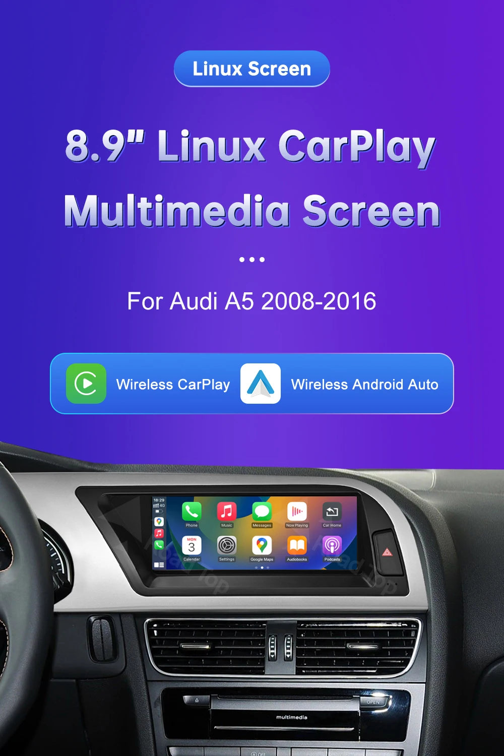 Linux 8.9/12.3inch Car Multimedia Touch Screen For Audi A5 2008-2016 with Wireless CarPlay Android Auto Airplay Function