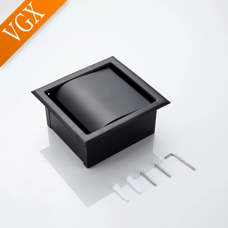 VGX Embedded Toilet Paper Holder Concealed Roll Tissue Box 304 Stainless Steel Wall Mount Bathroom Accessories Matt Black Polish