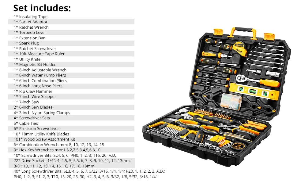 DEKO 228Pieces Socket Wrench Auto Repair Tool Combination Package Mixed Tool Set Hand Tool Kit with Plastic Toolbox Storage Case