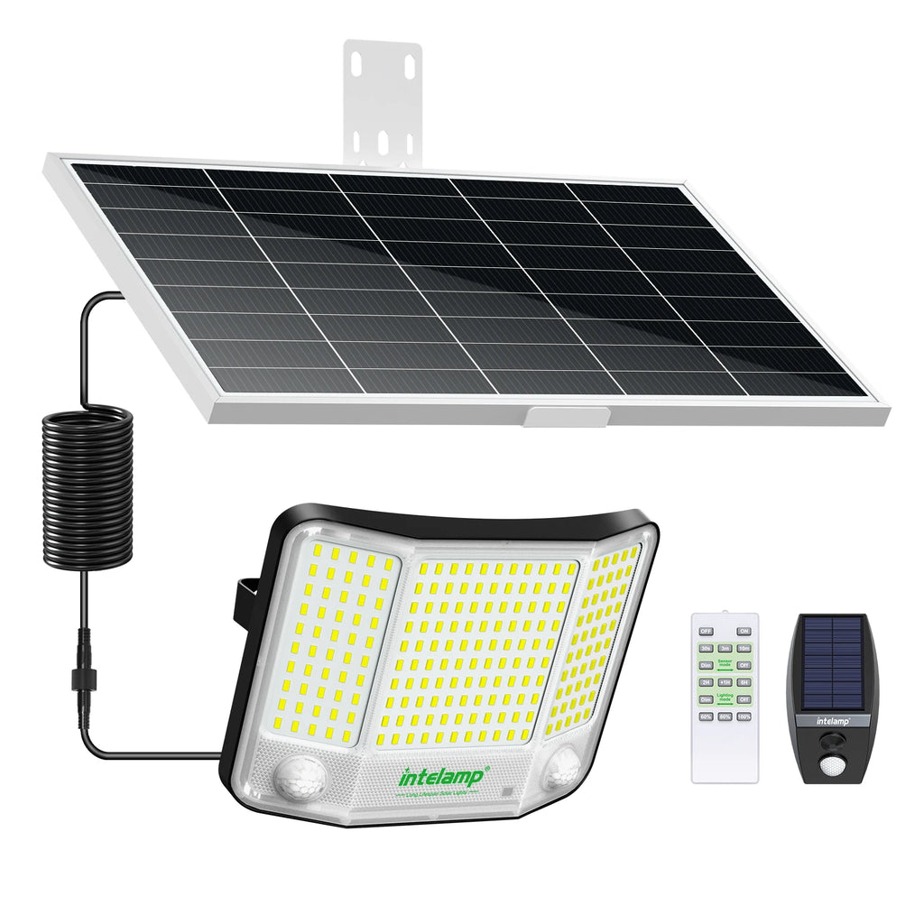 Intelamp 20000mAh Solar Flood Lights Outdoor Super Larger Solar Panel 4000LM Linkable Three Motion Sensor For Garden Yard Garage