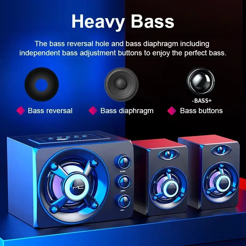 Powerful Bluetooth Speakers Colorful LED Home TV Theater Sound Wireless Subwoofer 3D Stereo Surround Wooden Material USB Wired